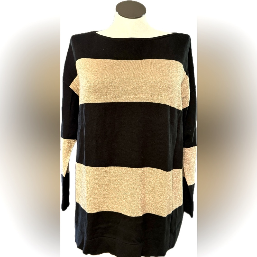 RALPH LAUREN CHAPS Black & Metallic Gold Sweater roomy tunic wide sleeve L Excel